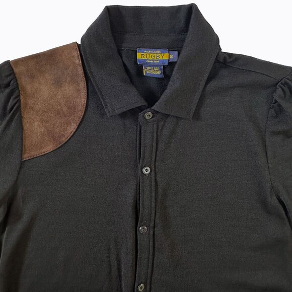 Vintage Ralph Lauren Rugby Wool Shirt Dress SzS Suede Patch Y2K Old Money Preppy - Picture 3 of 6